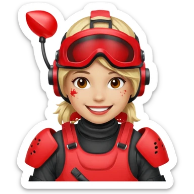 blond girl playing paintball with red paintball face gear sticker
