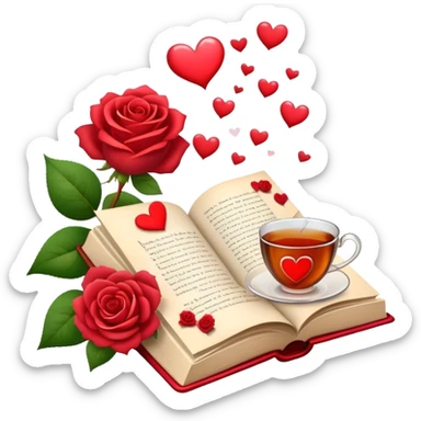 Icon for Romance Reading: an open book with a heart-shaped bookmark, surrounded by roses, a love letter, and a cup of tea, with small hearts and Cupid with bow and arrows flying out of the pages. Transparent background. sticker