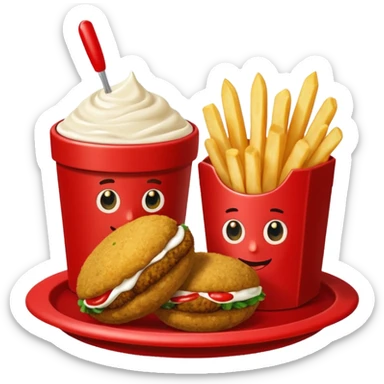 falafel and fries, with two containers with  red sauce and white sauce  sticker