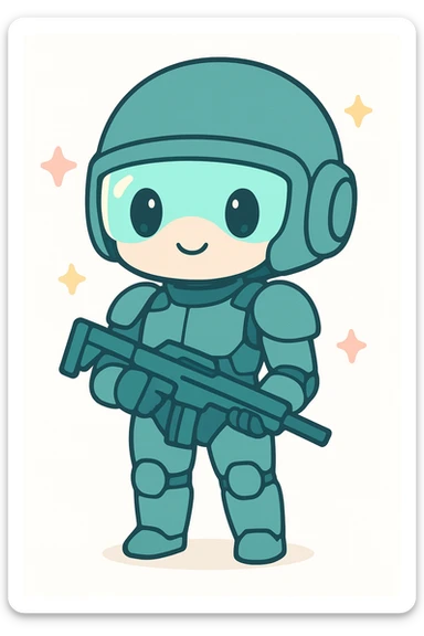 anime style human sci-fi soldier with a dark turquoise helmet, glowing visor, sleek armor sticker