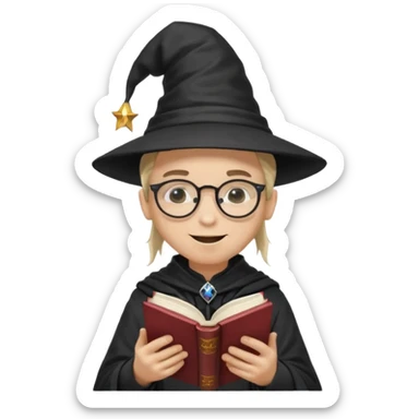 ["A happy boy with light skin, ponytail, wearing a wizard hat and square glasses, dressed in goth fashion, is reading a book while holding a phone."] sticker