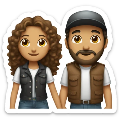 
a Hispanic girl with long curly hair and a Hispanic boy with a beard and cap facing away, both holding hands sticker