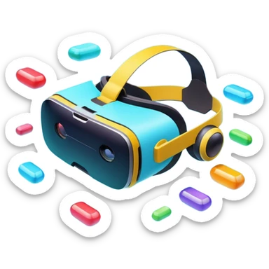 Show a VR headset or AR glasses, symbolizing the immersive experience. Include virtual objects or a 3D scene floating in the air in front of the headset. Use modern, tech-inspired colors. Do not include any emojis or smiley faces. Make the background transparent. sticker