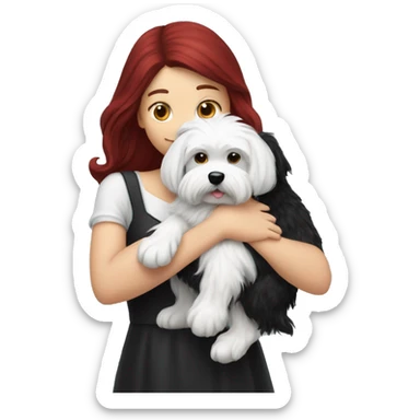 Dark red hair girl hugs  her maltese black dog sticker