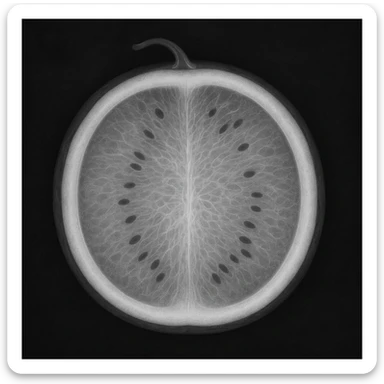 cross-section x-ray of a watermelon, highlighting the rind and inner fruit sticker
