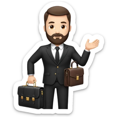 A handsome man, 40+ years old, with a thick beard in a black suit, fair skin, short stylish haircut, full-length photo, wearing an expensive watch, unusual pose, holding a briefcase, pumped up, super realistic emoji sticker