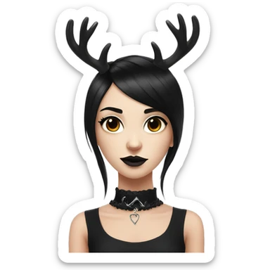 Portrait. Goth deer girl in a black sleeveless dress with a choker. White antlers with deer ears. Black hair sticker