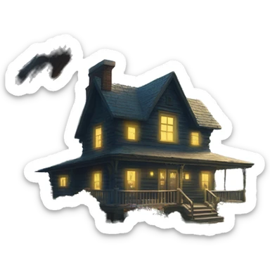 very very big Cabin near a big tree.  Thick moss growing on the roofs. grass fields. porch lights turned off. bright white interior lights turned off. guests sitting in chairs on the porch, flowers and bushes are yellow and blue. sticker