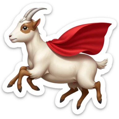 side view of white female goat wearing a read cape like superman sticker