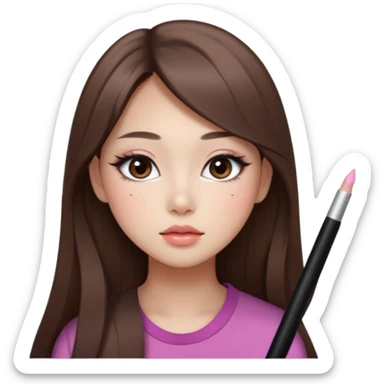 “korean straight long brown hair Emoji girl, soft eyeliner and blush, gradient lips, light brown shimmer eyeshadow sticker