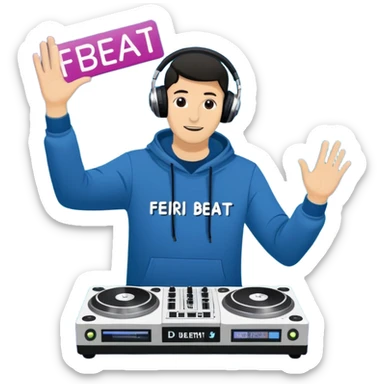 “Ein dynamisches, lebhaftes Emote mit dem Text ‘Feier den Beat’ in leuchtenden, fetten Buchstaben. Im Hintergrund sieht man eine stilisierte DJ-Platte, die von einer Hand gehalten und gescratcht wird. Leuchtende Farben und rhythmische Wellenlinien vermitteln die Energie und den Groove der Musik.” sticker