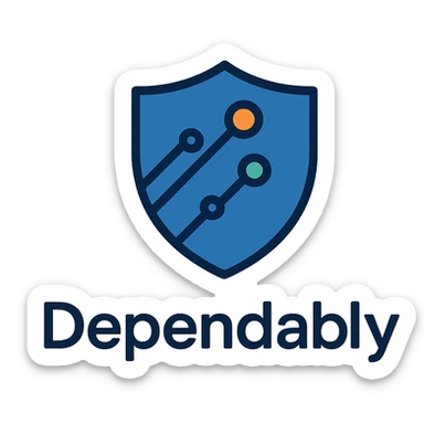 professional minimalist logo for 'Dependably', modern security shield icon, clean geometric shield shape, subtle circuit board patterns or connection nodes integrated, trustworthy deep blue primary color with accent of warm orange or green, flat design with slight depth, suitable for favicon and app icon, represents IT security and reliability in social care sticker