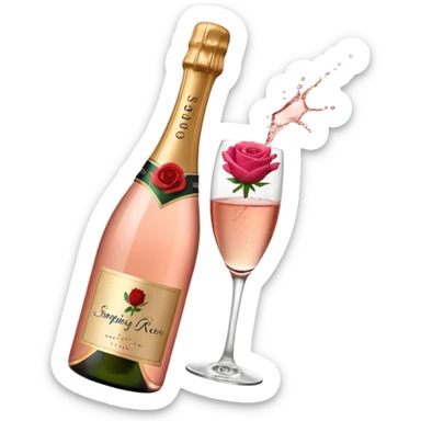 bottle of sparkling rosé champagne with a rose logo on the label, with the cork popping out from the top, tilted up and to the left, no glass sticker