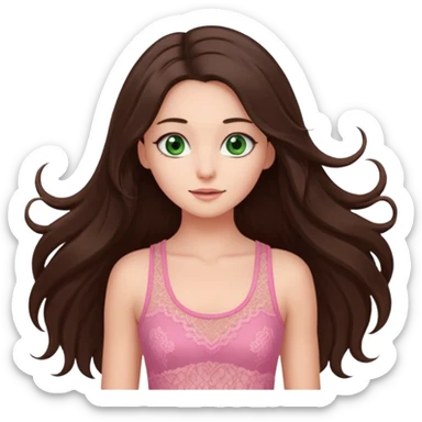 super long haired brunette with middle part cute pink lacy tank white but tan green eyes doing a hairflip sticker