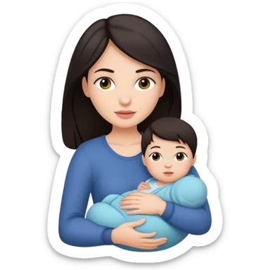Beautiful white woman with dark hair holding a baby sticker