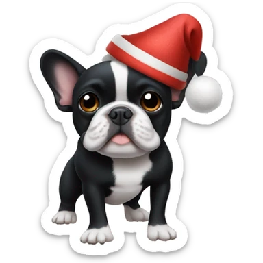 an all-black French bulldog with a white breast in a festive hat sticker