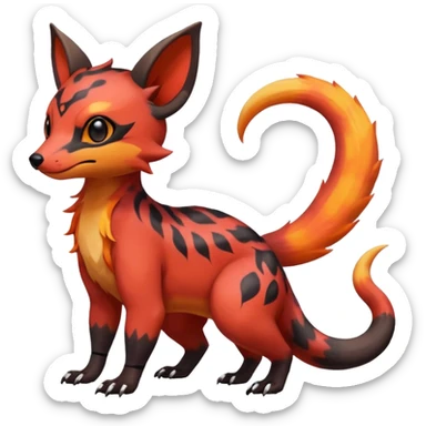 Rare tropical warm-colored exotic cute epic aesthetic colorful Salandit-Eevee-Civet-species-Fakemon-hybrid-creature, with wild fiery markings, full body sticker