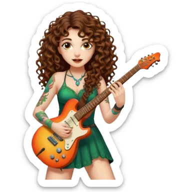 woman with long curly brown hair, brown eyes, white skin, tattoos, playing a root-shaped electric guitar that grows leaves from the strings, psychedelic glow, forest stage aura sticker