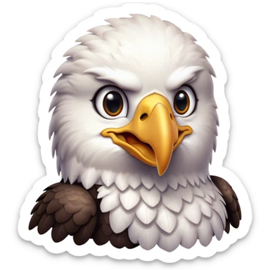 Cinematic Cute American Eagle Portrait Emoji, Head tilted playfully and inquisitively, featuring a streamlined form with a subtle blend of dark and white plumage and round, sparkling eyes full of spirited charm, Simplified yet irresistibly adorable features, highly detailed, glowing with a warm, inviting glow, high shine, affectionate and lively, stylized with a touch of whimsical aerial grace, soft glowing outline, capturing the essence of a mischievous yet endearing American eagle that seems as if it could glide out of the screen into your heart! sticker
