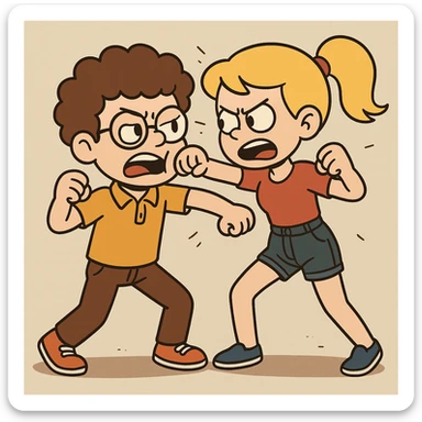 Fighting a boy brown Curly hair circle glasses Royal Pro polo brown jeans orange shoes and a girl Yellow ponytail hair red shirt high waisted dark blue denim shorts blue shoes sticker