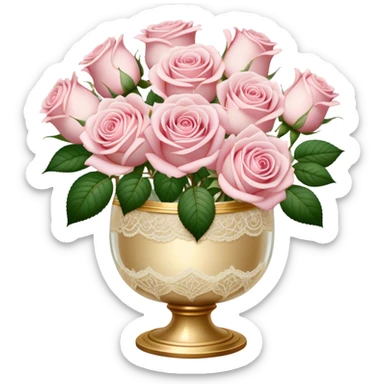 Delicate cluster of pale pink roses in a gold-rimmed glass vase, ivory lace underneath sticker