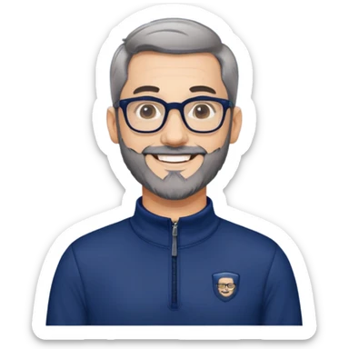 Light-skinned man with short black hair styled upward, short gray beard, large black-framed glasses, smiling face, wearing a navy blue zip-neck long sleeve athletic shirt sticker
