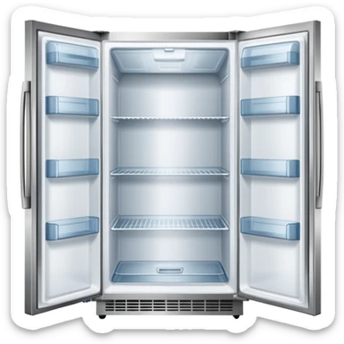 A refrigerator with a transparent front glass divided into three compartments, empty and unoccupied. The refrigerator faces forward. sticker