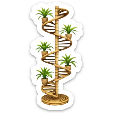 Large futuristic multi-tier multi-level spiral step plant rack constructed from thin bamboo poles  sticker