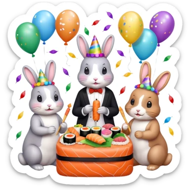four bunnies together eating sushi at a birthday party, all four bunnies clearly visible, playful, colorful, party hats, birthday decorations, confetti, balloons, varied composition, emoji style sticker