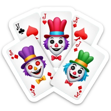 bunch of 3 poker cards, with crazy colorful jolly jokers inside, inversed face sticker