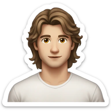 22 years old, Russian guy, long brown shoulder-length hair, white T-shirt, brown eyes sticker
