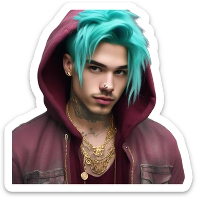 Vintage grunge patina intricate swirls gold jewellery baroque golden sparkle tropical Deep pink maroon burgundy cyan dark hoodie man dyed hair gold piercings nose piercing ear piercings sticker
