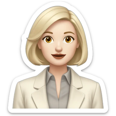 pale skin woman with ash blonde Straightened bob Hair, White Spacious classical jacket, beige palazzo Arrow pants and gray blouse holding a MacBook in the hands sticker