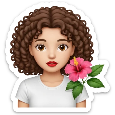 A brunette girl turned to the left side with curly hair with a hibiscus on her hair on her lips she has a brown pencil outline with gloss over it with a white t-shirt  sticker