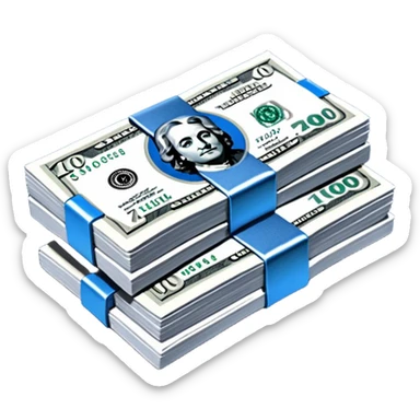 a neat bound stack of blue-and-white banknotes, koan bills , 90s futuristic, the band is dark gray sticker