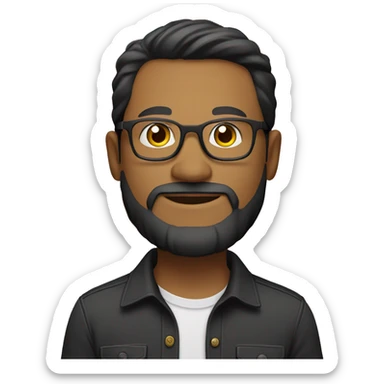 A man with glasses, medium dark hair, a little light skin and a beard wearing a black button-up shirt and light colored pants, standing in front of a colorful background with text. sticker