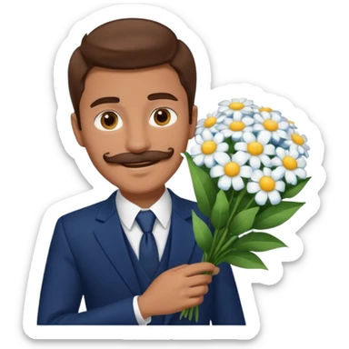 homme âgé 23 ans brun bronzé en costume bleu foncé souriant avec moustache portant un bouquet fleurs blanche  sticker