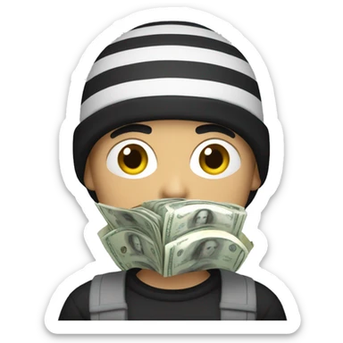 robber with grey beanie, striped black and white shirt,and bag of money sticker