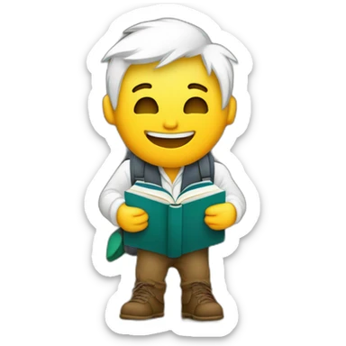 joven estudiante de piel blanca,  con muchos pero muchos  sus libros y su mascota, llamada jack, riendo y muy feliz sticker