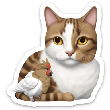 Brown tabby cat and white cockatoo napping together. sticker