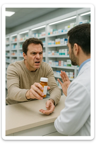 Cinematic Frustrated man at pharmacy counter demanding immediate pain relief medication, expression of impatience wanting instant symptom elimination, ignoring pharmacist's questions about underlying causes, grabbing prescription bottle eagerly, symptom suppression taking priority over healing, modern medicine aisle promising quick fixes for complex health problems" in italiano sticker