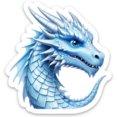 Cinematic Noble Beautiful Ice Dragon Portrait Emoji, Poised and majestic, with an ethereal, crystalline body adorned in intricately detailed scales of frosty blues and silvery whites reminiscent of glacial ice and delicate snowflakes, and piercing, cool eyes reflecting winter’s clarity; rendered with lifelike texture and subtle natural highlights, high shine, elegant and formidable, styled with an aura of chilling mythic beauty, focused and serene, soft glowing outline, capturing the essence of a legendary ice sovereign ready to glide gracefully out of the screen with timeless frosty allure! sticker