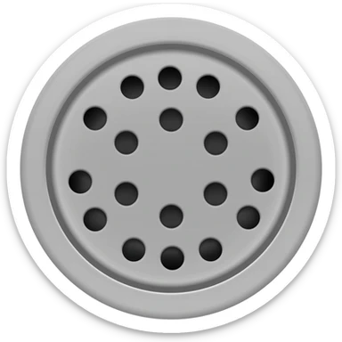 Minimal vector icon of a round bathroom drain. 
Top view, circular metal grate with evenly spaced holes, clean industrial design. 
Flat illustration, simple lines, soft grey metallic color, white or transparent background. 
Modern UI icon style, centered. sticker