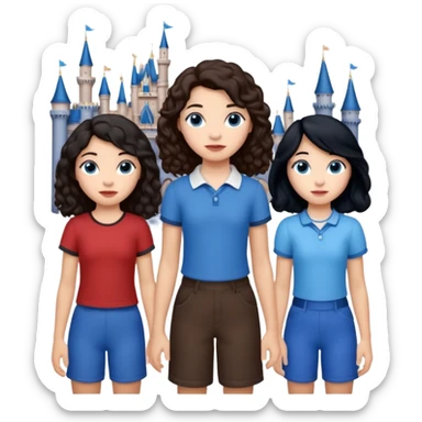 Algo de Disney y por detrás o delante pon a quatro chicas: una con el pelo largo rizado marrón , otra con el pelo muy corto negro, como un chico, otra con el pelo mediano liso marrón con ojos azulesy otra con el pelo negro largo liso . Todos son color carne. Es para el viaje sticker