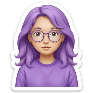 Chica de pelo largo y ondulado, con gafas redondas y expresión suave; viste una sudadera lila y transmite un estilo tranquilo y relajado. sticker