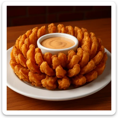 an awesome blossom dish from Chili's menu, a golden-brown, deep-fried blooming onion with a side of dipping sauce, appetizing and crispy, restaurant-style presentation sticker