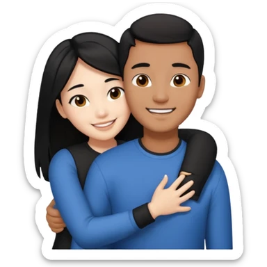 Asian guy with brown skin, short black hair, and a Asian girl with white skin and long black hair hugging  sticker