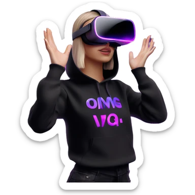 Russian girl wearing black hoody with violet letters "OMG", in vr headset oculus quest2. Dancing. Cyberpunk style. Violet neon. sticker