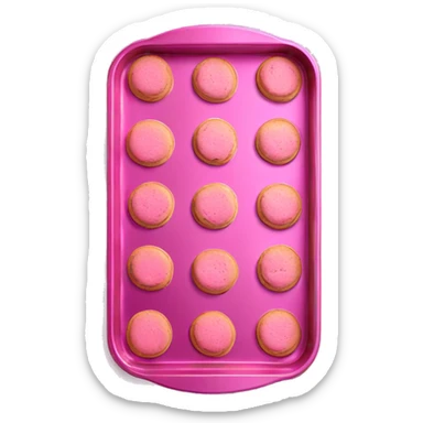 Realistic flat small isolated metallic pink baking pan with pink cookies inside.  sticker