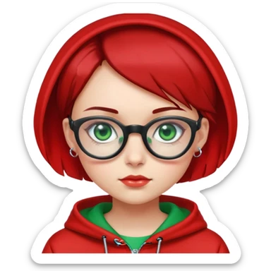 Girl with red black short neck length hair wearing red hoodie with transparent glasses green eyes big earrings   sticker